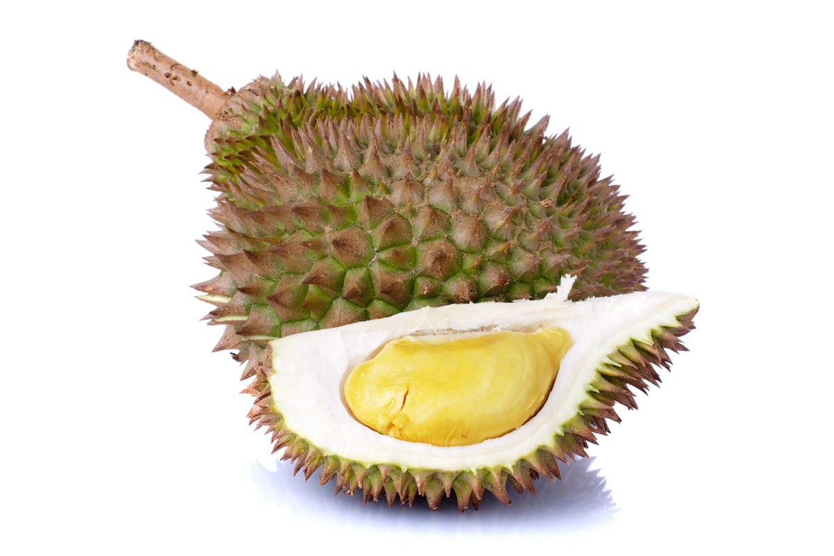 Durian fruit on white background, whole and quartered