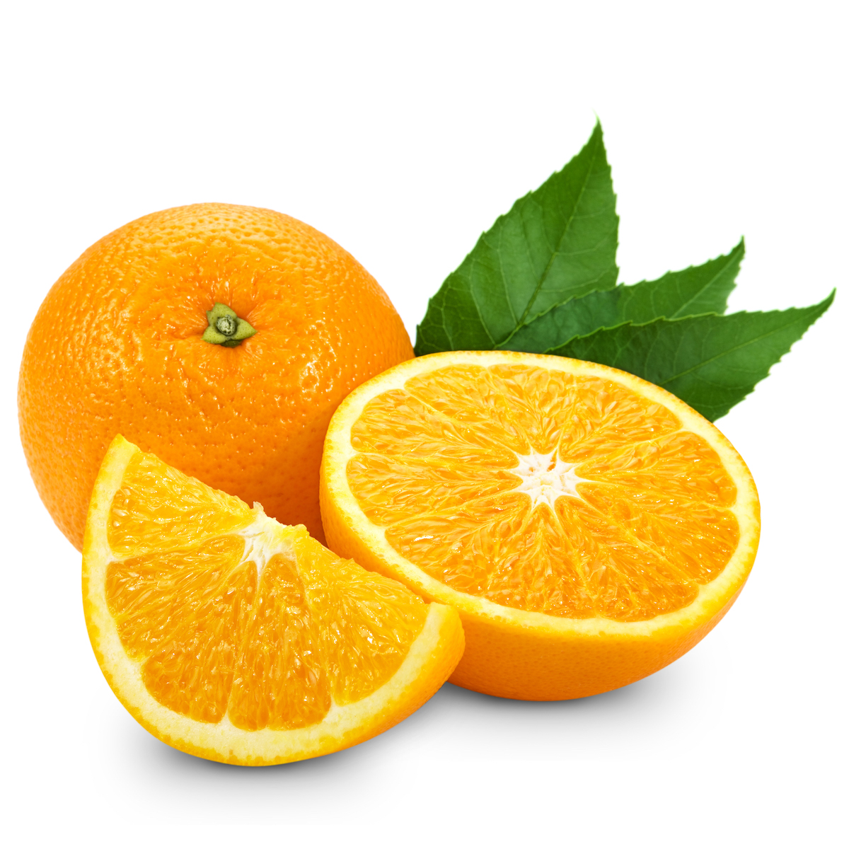 One whole orange, one orange half, and one orange wedge on a white background.