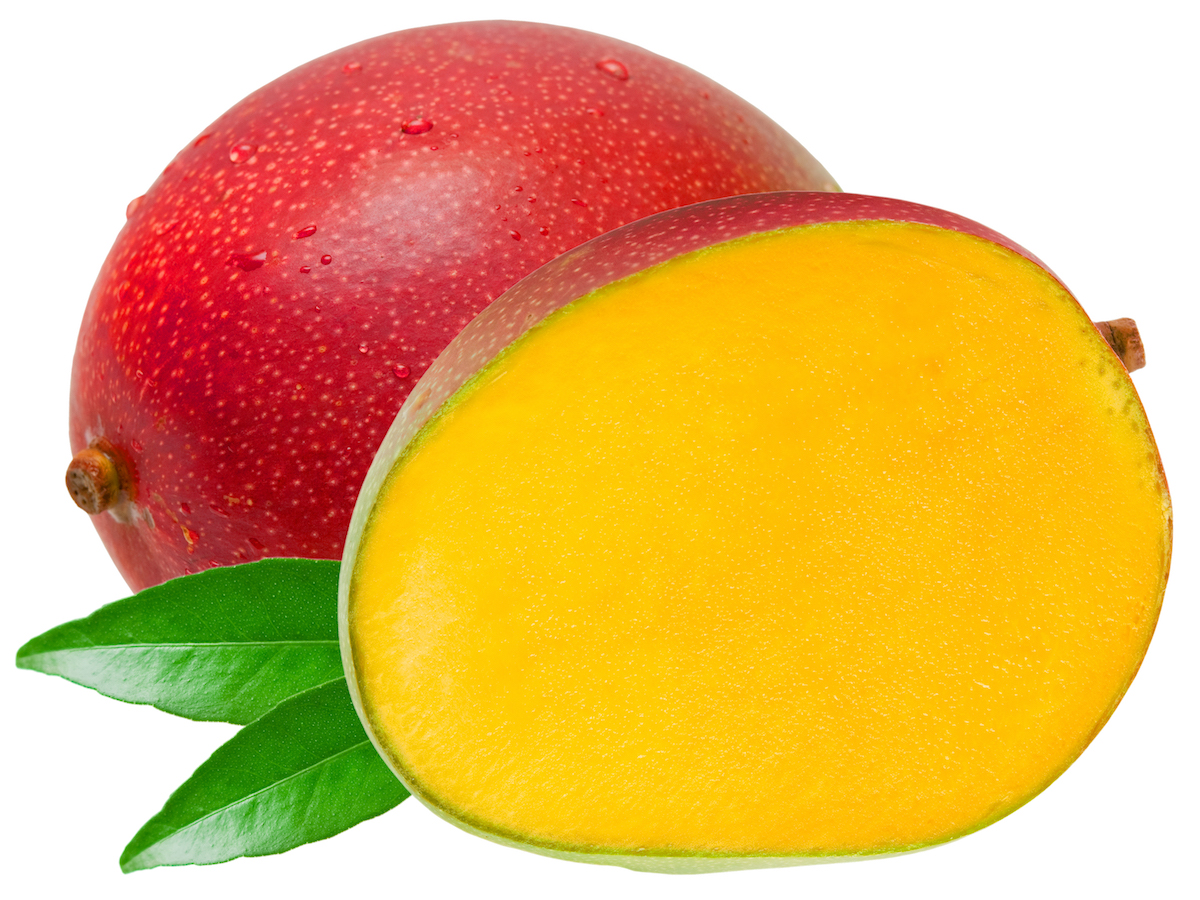 Large red mango cut in half to reveal bright yellow-orange flesh