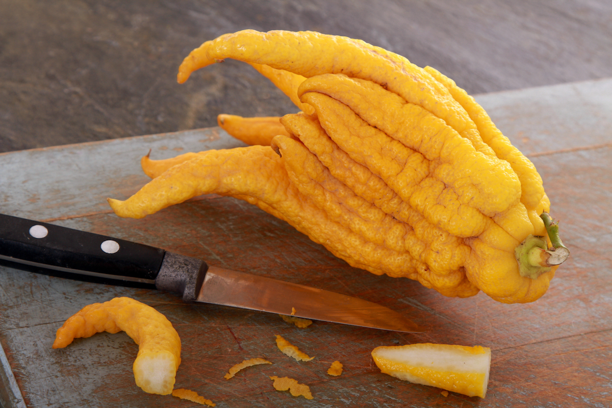 Raw buddha's hand fruit with one segment cut off to revel the pithy flesh